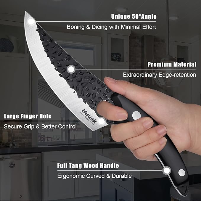 Huusk Viking Knife - Caveman Ultimo Boning Knife with Sheath, Hand Forged Full Tang for Kitchen or Camping Gift for Dad