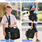 Initial Insulated Lunch Bag for Boys Kids, Back to School Gift, Reusable Leak-proof Lunch Box with Adjustable Strap for School Daycare Travel Picnic（Black，I）