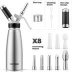 Professional Aluminum Whipped Cream Dispenser - 500 mL/1 Pint,Leak-Free Whipped Cream Maker Canister with 8 Decorating Nozzles & Cleaning Brush - N2O Chargers (Not Included) (Silver, 500ml)