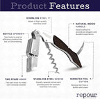 Repour 3 in 1 Corkscrew- Professional Wine Bottle Opener with Serrated Foil Cutter and Bottle Opener- Manual Wine Key for Bartenders, Servers, Waiters, and Wine Enthusiasts (Mahogany)