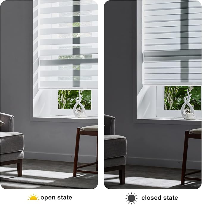 Persilux Cordless Zebra Blinds for Windows Free-Stop Roller Windows Shades (70" W X 64" H, White) Dual Layer Light Control for Day and Night, Light Filtering Sheer Shades for Home, Easy to Install