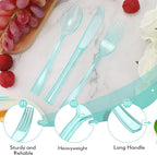 Minatee 150 Pieces Disposable Cutlery Set Plastic Silverware Heavy Duty Utensil Sets 50 Forks 50 Knives 50 Spoons for Home Office School Party Picnics Restaurant Outdoor Events(Light Green)