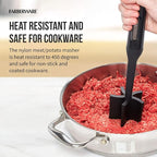 FARBERWARE Nylon Meat and Potato Masher – 5-Blade Ground Meat Chopper, Heat-Resistant to 450°F, Safe for Nonstick Cookware, Ergonomic Handle, 10-Inch, Dishwasher-Safe, Black