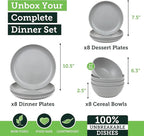 Grow Forward 24-piece Premium Wheat Straw Dinnerware Sets for 8 - Unbreakable Dishwasher & Microwave Safe Plastic Plates and Bowls Sets - Patio, Outdoors, RV, Camping Dishes - Feather