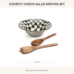 MACKENZIE-CHILDS Enamel Salad Serving Set, Enamel Bowl and Wooden Salad Servers, Decorative Kitchen Set, Black-and-White Courtly Check