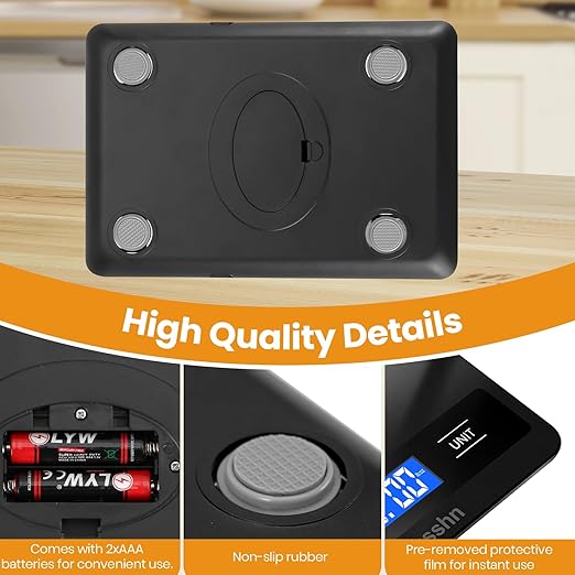 Digital Kitchen Scale - Precision Food Scale for Cooking & Baking (1g/0.05oz Accuracy) - Waterproof Stainless Steel with LCD Display, Batteries Included - Weight in Grams & oz (Black)
