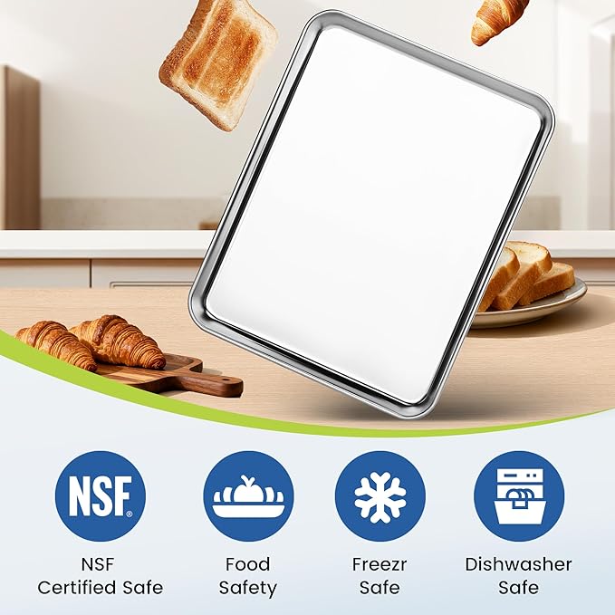 6 Pack Stainless Steel Baking Sheet Pans, 12.5" L × 9.6" W × 1" H Cookie Sheets for Toaster Oven, Rust-Resistant, Dishwasher Safe