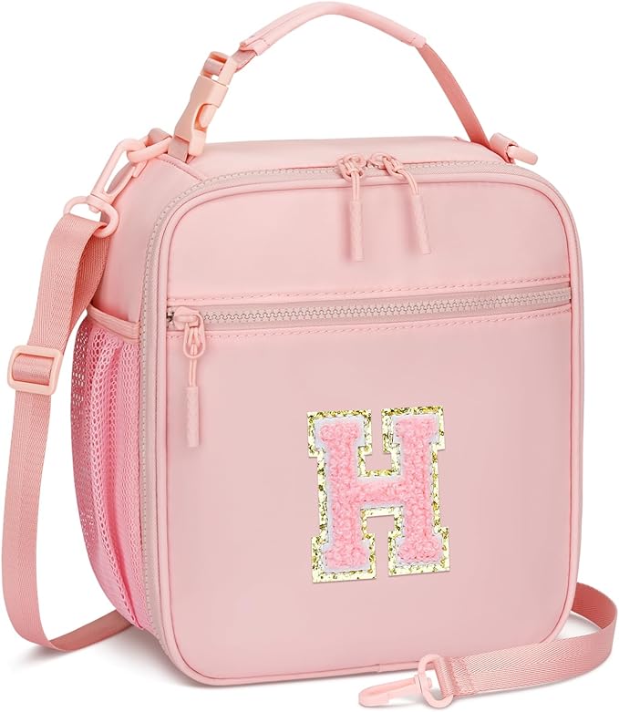 Initial Insulated Lunch Bag for Girls Kids, Back to School Gift, Reusable Leak-proof Lunch Box with Adjustable Strap for School Daycare Travel Picnic (Pink,H)