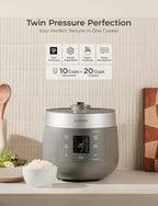 CUCKOO Twin Pressure Rice Cooker 10-Cup Uncooked / 20-Cup Cooked with Nonstick Inner Pot, Large Rice Maker & Warmer with 16 Menu Options, Open Cooking Mode, Voice Guide, Gray (CRP-ST1009FG)