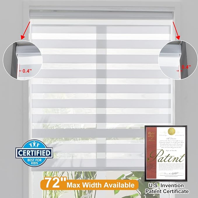 Persilux Cordless Zebra Blinds for Windows, Free-Stop Dual Layer Zebra Roller Shades (25" W x 72" H, White) Light Filtering Sheer Shades, Room Darkening Roller Blinds for Office and Home