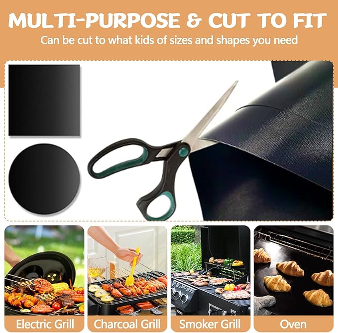 Reusable Grill Mats for Outdoor Grill Set of 6,Heavy Duty Non-Stick BBQ Mats & Oven Liner,Easy to Clean,Works on Gas, Charcoal & Electric Grills - 15.75 x 13 Inch,Black