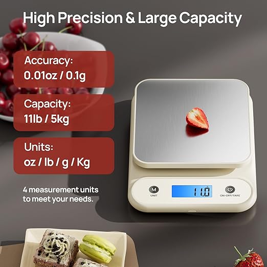 Digital Food Scale for Kitchen 11lb/0.1oz, 5kg/0.1g, Kitchen Scale for Cooking Baking, Built-in 300mAh Li-Battery, Rechargeable Type-C Charging White (1)