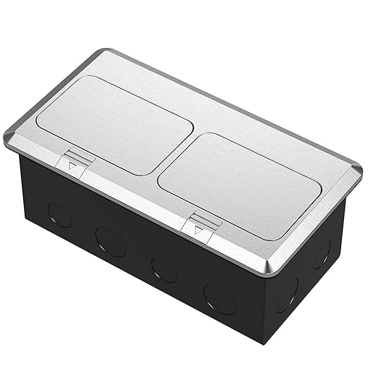 KYHSHJ Dual Pop-Up Floor Electrical Outlet Box Kit，20 Amp Stainless Steel TR Tamper-Resistant Duplex Receptacle，3-Port RJ45 Datacom Receptacle，Silver