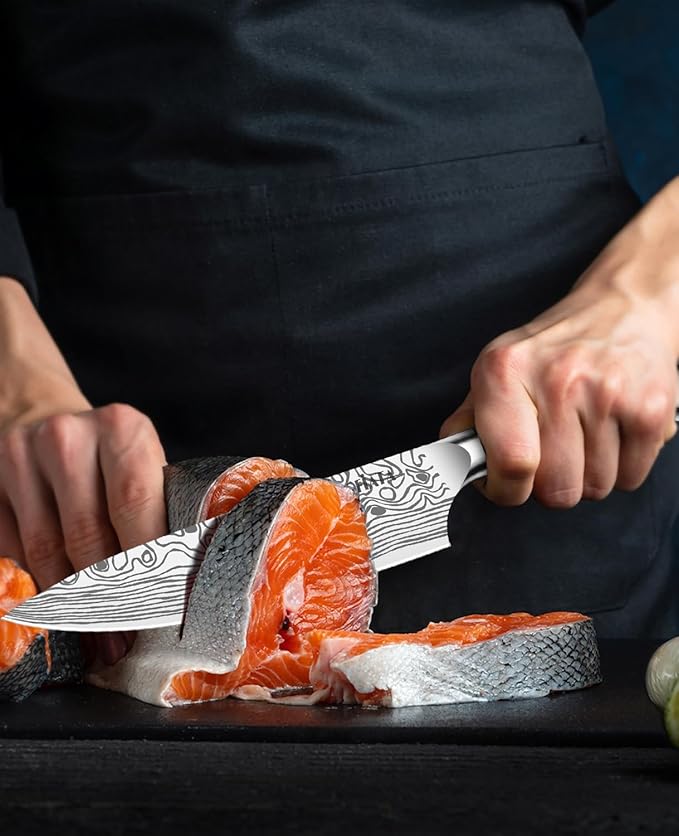 MOSFiATA 8" Super Sharp Professional Chef's Knife with Finger Guard and Knife Sharpener, German High Carbon Stainless Steel EN1.4116 with Micarta Handle and Gift Box