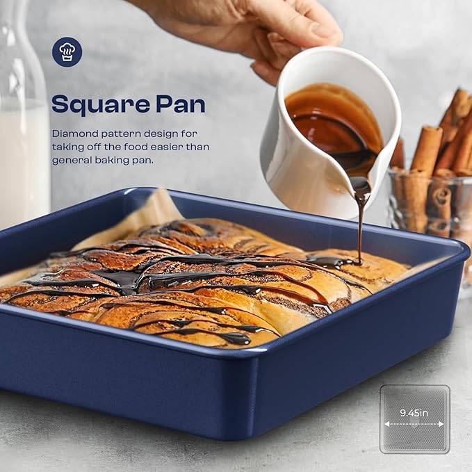 12-Piece Oven Safe Nonstick Bakeware Set with Baking Pan, Cake Pan, Muffin Pan, Loaf Pan, Square Pan, Roasting Pan, Cookie Pan, Cooling Rack & Utensils - Ceramic Coated Blue