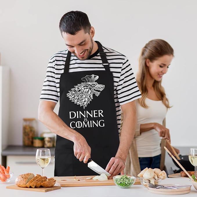 Grill Aprons for Men Women, Dinner is Coming Kitchen Chef Apron with 2 Pockets and 40" Long Ties, Adjustable Bib Apron for Cooking, BBQ, Baking, Gardening, Black
