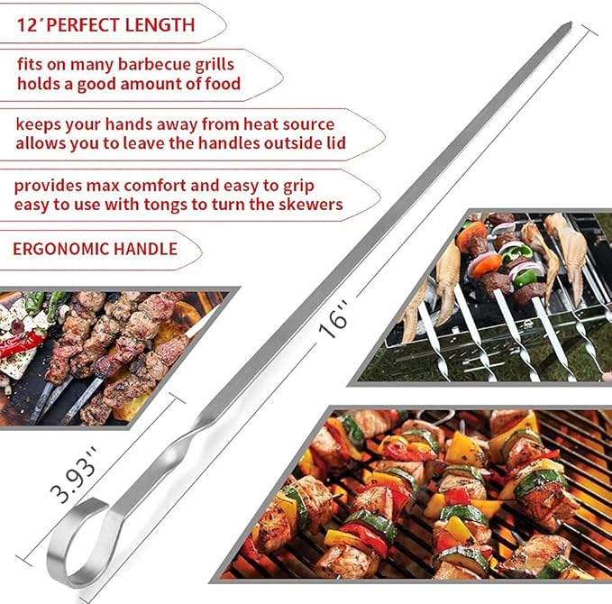 12PCS Kabob Skewers Flat Metal BBQ Barbecue Skewers 16" Long Hook Style Stainless Steel Shish Kebob Sticks Wide Sharp Reusable Grilling Skewers Set for Meat Shrimp Chicken Vegetable, 12 Pack