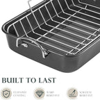 KITESSENSU Nonstick Roasting Pan with Rack 15 x 11 inch - Turkey Roaster Pan for Ovens - Wider Handles & Heavy Duty Construction, Gray