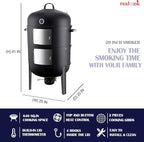 Realcook Charcoal BBQ Smoker Grill - 20 Inch Vertical Smoker for Outdoor Cooking Grilling