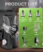 Rotary Cheese Grater Hand Crank, Cheese Shredder/Slicer/Chopper with Large Caliber and Strong Suction Base, 3 Blades for Potatoes/Nuts/Vegetables, Easy to Use Clean for Home