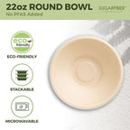 [1000 Count]Sugarfiber by Harvest 22oz Round Bowls PFAS Free with PLA coating - Compostable Heavy-Duty Eco-Friendly Disposable Bagasse Bowl Sugarcane made plant fibers for Meal Prep