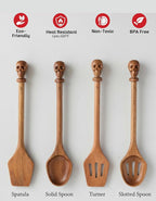 Acacia Wood Cooking Utensil Set with Skull Handles – 4-Piece FSC Certified Acacia Wood Kitchen Tools, Eco-Friendly Nonstick Safe Cooking Utensils (Spatula, Spoon, Slotted Turner, Slotted Spoon)