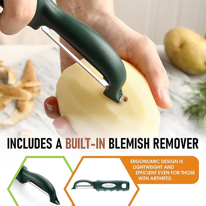 Spring Chef Professional Swivel Vegetable Peeler for Kitchen, Stainless Steel Potato Peeler with Comfortable Handle, Great for Apple, Veggie, Carrot, Cucumber - Dishwasher Safe - Pine Green