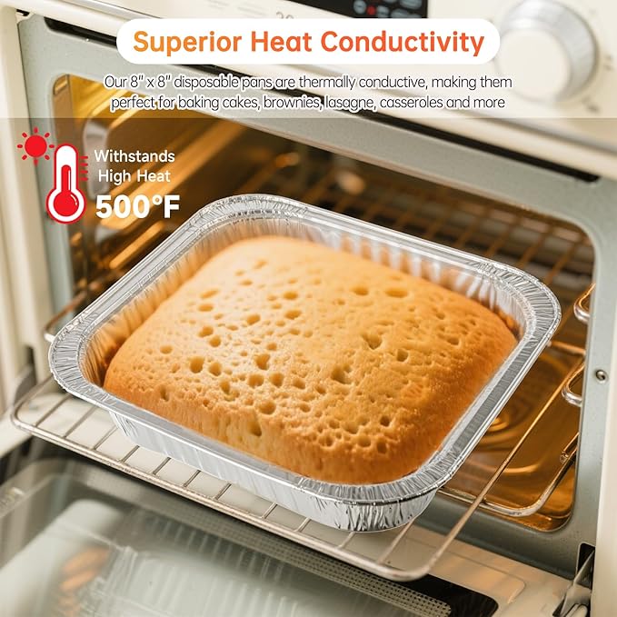 Aluminum Pans with Lids - 50 Pack 8x8 Disposable Baking Pans, Heavy Duty Tin Foil Pans with Lids for Cake Baking, Cooking, Heating, Storing, Prepping Food
