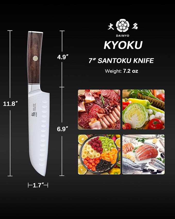 KYOKU 7 Inch Santoku Knife - Daimyo Series - Asian Knife Japanese Chef Knife with Ergonomic Rosewood Handle, & Mosaic Pin - Japanese 440C Stainless Steel Kitchen Knife with Sheath & Case