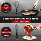 Walfos Whisk Silicone Whisks set, Non Scatch Coated Whisks for Cooking and Baking, Heavy Duty Set of 4 Kitchen Whisk - 11'' Flat Wisk and 7''+10''+12'' Balloon.
