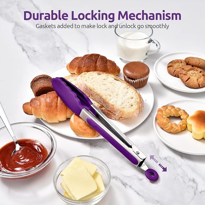 Heat Resistant Silicone Kitchen Tong: U-Taste 9 inch 480ºF Hot Proof Cooking Tong with Firm Sealed Non Stick Rubber Tips & Silicon Coated Steel Handle & Smooth Locking for Serving Grill Salad (Purple)