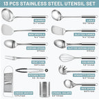 Pleafind Stainless Steel Cooking Utensils Set, 13 Pcs Heat Resistant Kitchen Utensils Set, Nonstick Kitchen Tools Set With Utensil Holder, Metal Spatula Set for Chef, Dishwasher Safe