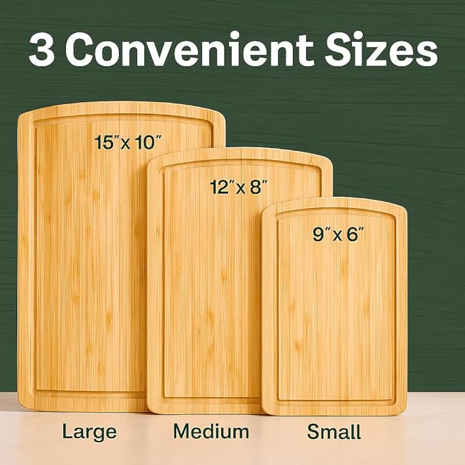 Bambüsi Wood Cutting Boards for Kitchen - Bamboo Cutting Board Set with Deep Juice Groove & Side Handles - Chopping Board Butcher Block for Meat, Vegetables, Charcuterie, Cheese, Serving, or Meal Prep