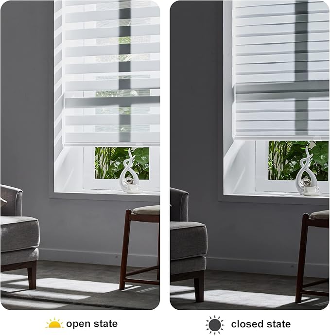 Persilux Zebra Blinds for Windows, Cordless Roller Shades for Windows Room Darkening Roller Blinds (60" W x 72" H, White) Light Control for Day and Night Light Filtering Sheer Shades for Home