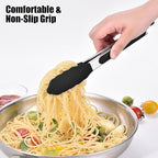 Doosu Kitchen Tongs for Cooking - 600°F Heat Resistant Food Tong with Non-Scratch Silicone Tips, Heavy Duty Stainless Steel Locking Tong for BBQ, Grilling Steak, Serving Salad, Pasta (9in, Black)