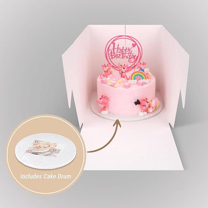 Cakebon Cake Boxes with Boards - 10 Inch Round Cake Drum Silver - Box With Window for Birthdays, Weddings and Parties (1pc Each, 2pcs Total)