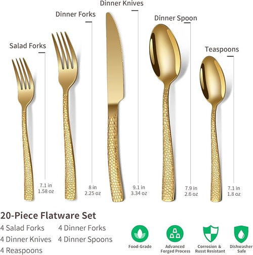20-Piece Silverware Set, Gold Hammered Stainless Steel Flatware Sets for 4, Food-Grade Tableware Set, Including Fork Knife Spoon Set, Home Kitchen Cutlery Sets, Dishwasher Safe