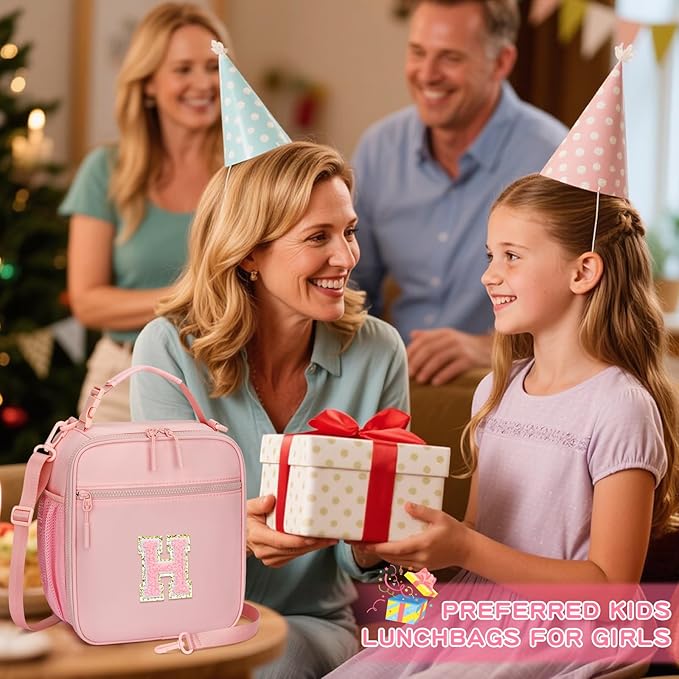 Initial Insulated Lunch Bag for Girls Kids, Back to School Gift, Reusable Leak-proof Lunch Box with Adjustable Strap for School Daycare Travel Picnic (Pink,H)