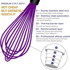 Dishwasher Safe Purple Silicone Whisk, Sealed Waterproof Design Set of 3, Professional Kitchen Whisks for Cooking Non-Scratch, Silicone & Stainless Steel Whisk, Heat Resistant Balloon Egg Beater