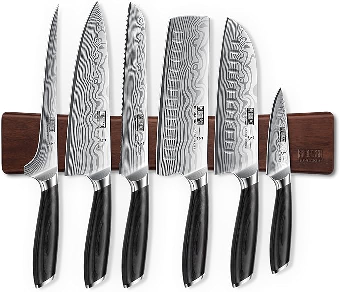 HOSHANHO 7 Pieces Knife Set with Magnetic Knife Holder, Ultra Sharp Powder Steel Kitchen Knives Set, Professional Chef Knife Sets with Ergonomic Pakkawood Handle
