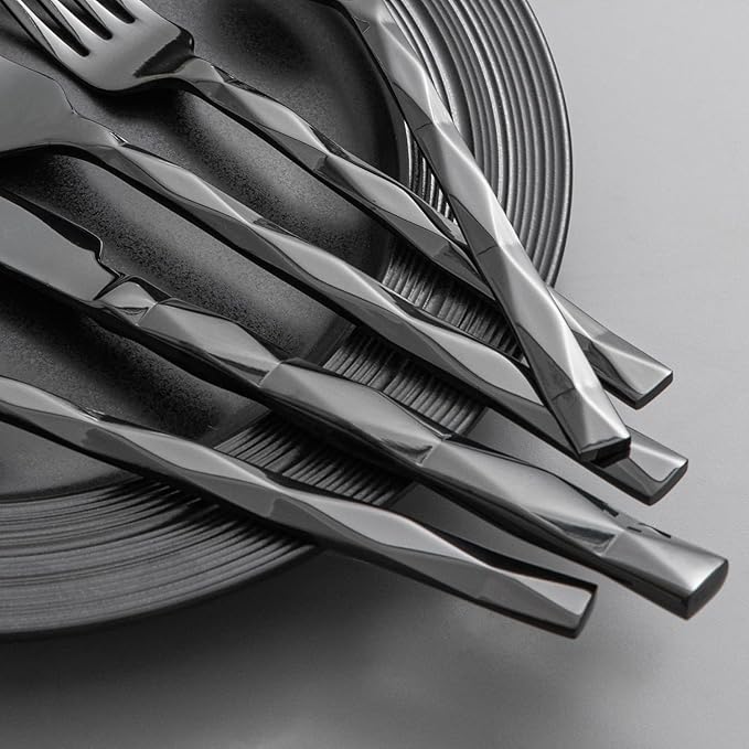 KINGSTONE Black Silverware Set, Luxury 20 Piece Flatware Set for 4, 18/10 Stainless Steel Cutlery Set with Diamond Cut Pattern for Kitchen, Home, Wedding, Party, Mirror Polished and Dishwasher Safe