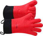 GEEKHOM BBQ Gloves Heat Resistant Oven Mitts - Silicone Grilling Gloves with 13.7" Arm Protection - Waterproof Pot Holder Non-Slip for Men & Women, Kitchen Outdoor Cooking, Baking, Camping, Red