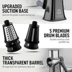Zulay Kitchen Rotary Cheese Grater 5 Blade Cheese Shredder - Manual Hand Crank Cheese Grater With Reinforced Suction & 5 Interchangeable Drums - Easy to Use, Vegetable Chopper Round Mandoline Slicer