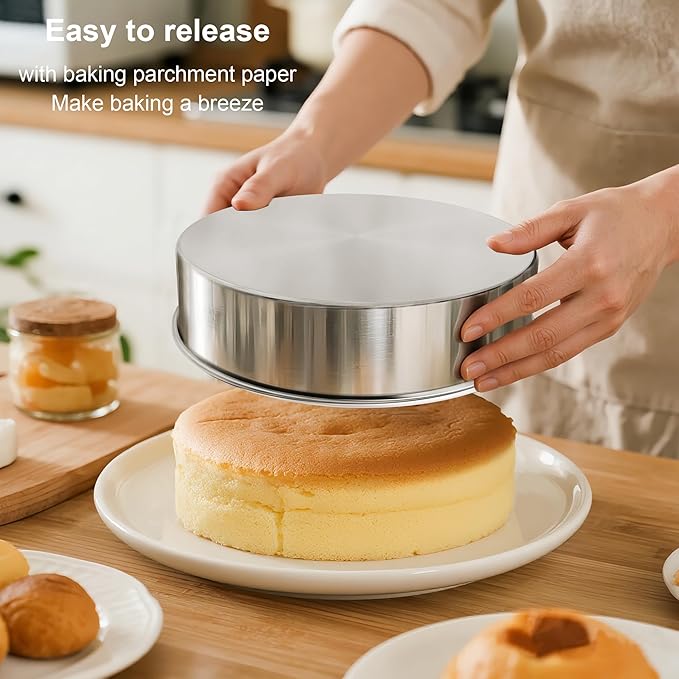 8 Inch Round Cake Pans Set of 3, Nonstick Stainless Steel Baking Pans Set with 100PCS Parchment Papers, Durable Birthday Christmas Circle Layer Cake Pans, Cake Pans Sets for Baking, Dishwasher Safe