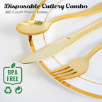 FOCUSLINE 300 Pack Disposable Gold Plastic Knives, Solid and Durable Plastic Cutlery Knives, Heavy Duty Disposable Utensil Silverware for Catering, Parties, Dinners, Weddings
