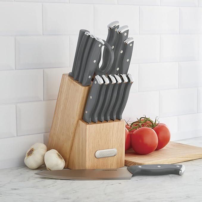 Farberware Triple Riveted Knife Block Set, 15-Piece, Gray, High-Carbon Stainless Steel Blades, Ergonomic Handles with Silver Accents, Includes Rubber Wood Storage Block