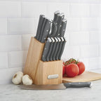 Farberware Triple Riveted Knife Block Set, 15-Piece, Gray, High-Carbon Stainless Steel Blades, Ergonomic Handles with Silver Accents, Includes Rubber Wood Storage Block