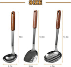 FJNATINH Stainless Steel Wok Spatula,Ladle,Skimmer Ladle Tool Set,Mirror Polished Cooking Utensils with Wooden Handle,Easy to Clean Wok Accessories,Black 3 PCS