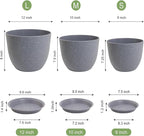 12/10/9 Large Modern Plant Pots, Plastic Planters with Drainage Holes and Saucers for Indoor Outdoor Plants Flowers, Grey Speckles
