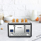 Toaster 4 Slice, Bagel Stainless Toaster with LCD Timer, Extra Wide Slots, Dual Screen, Removal Crumb Tray (Gray)